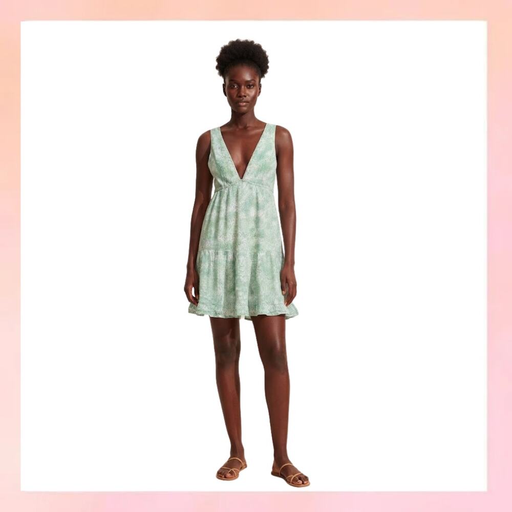 Pull&Bear Sage Green Printed V-Neck Tiered Mini Dress Size M